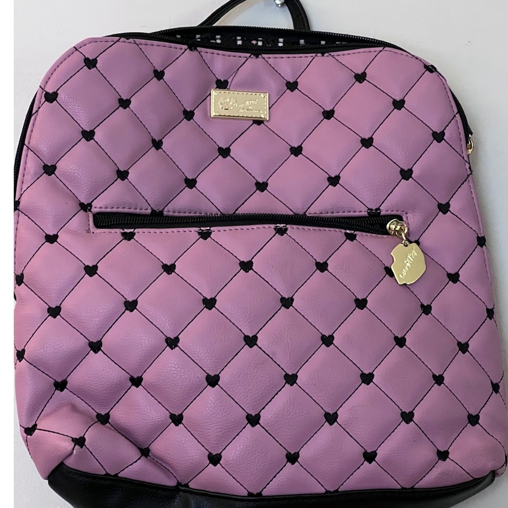 Luv Betsey Backpack Women Pink Black Quilted Heart Gold Hardware‎ Good Preowned